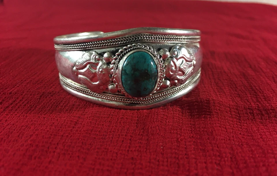 Handmade White Metal Bracelet With Turquoise Stone - Image 1 of 4