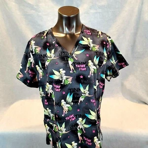 Disney L Black Tinker Bell Think Tink Stars Pockets Scrub - Picture 1 of 5