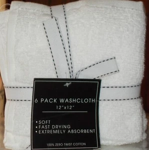 WASHCLOTH WHITE-6 PACK-12"X12"-100% ZERO TWIST COTTON NEW - Picture 1 of 11