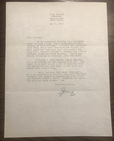 Jane Wyman 1945 Typed Letter Signed - To Carrie Donovan as Teenager - Hollywood Cover