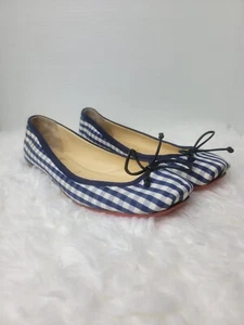 Christian Louboutin Rosella Womens 9 Square Toe Ballet Flats Blue White Gingham - Picture 1 of 9