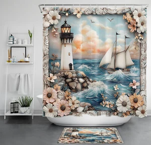Juego de accesorios de baño cortina de ducha costera océano azul faro náutico - Imagen 1 de 25