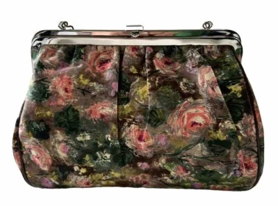 Vintage 50s Rolfs Silver Tone Frame Purse Roses Pink Green Yellow 1950's Bag - Image 1 of 4