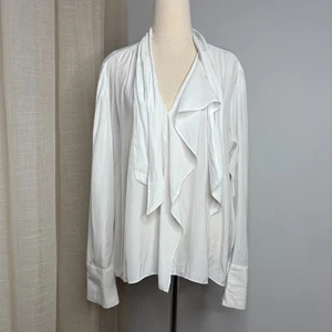 Mela Purdie White Blouse Size 16 1X Technical Polyester Long Sleeve Pussy Bow - Picture 1 of 7