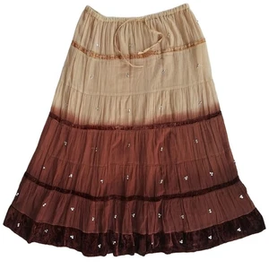Angie Maxi Skirt Tie Dye Sequins Elastic Waist Bohemian Peasant Brown Sz M - Picture 1 of 4