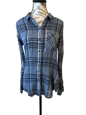 Lucky Brand Blue Plaid Cotton Gauze Collared Button Up Long Sleeve Blouse Large - Image 1 of 4