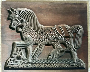 19. Jahrhundert große Pferd Holz Kekspresse handgeschnitzt Spekulatien Stempel 13"x11" - Bild 1 von 7