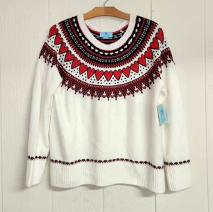 Neu mit Etikett CeCe rote Herzen Strickpullover Oberteil Damen Gr. L weiß Pullover Fair Isle - Bild 1 von 16