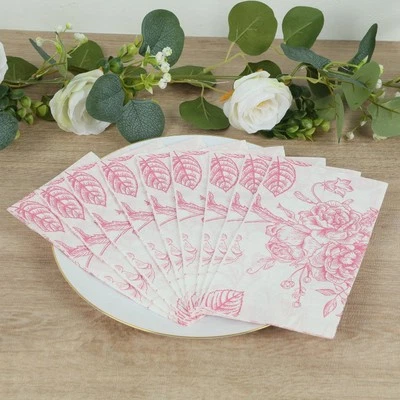 50 White with Pink Paper 2-Ply Dinner Napkins in French Toile Floral Pattern - Image 1 of 4