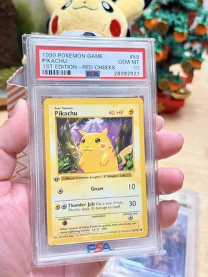 PSA 10 1999 POKEMON BASE SET 1ST EDITION RED CHEEKS #58 PIKACHU ENGLISH - Image 1 of 3