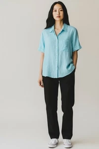 Camisa para mujer Orvis manga corta mezcla de lino azul talla grande NUEVA CON ETIQUETAS - Imagen 1 de 9