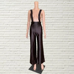 Vintage 70s Bell Bottom Overalls Brown Satin Flare Bibless Hippie Disco - Picture 1 of 6