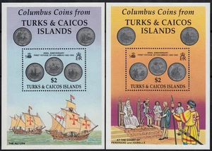 Turks & Caicos 1992 MNH 2 MS Set, Columbus, Discovery of America, Monedas, Dinero   - Imagen 1 de 1