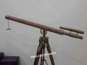 Antique Brass Wheel Vintage Double Barrel Telescope With Brown Tripod Stand - Bild 1 von 3
