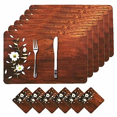 PVC Dining Table Placemat with Tea Coaster Set of 6 Brown US - Image 1 of 3