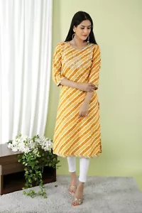Indian Nuevas Tendencias Hermosas Mujeres Sawan Lahriya Algodón Amarillo Kurta S a XXL - Imagen 1 de 4