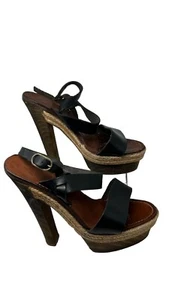Christian Louboutin Women's Black Leather Jute Trim Straps & Buckle Closure sz37 - Picture 1 of 6
