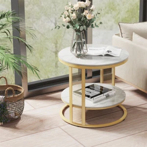 Glossy Marble Coffee Table Gold Grid Frame Accent Leisure End Table Nighstand - Picture 1 of 14