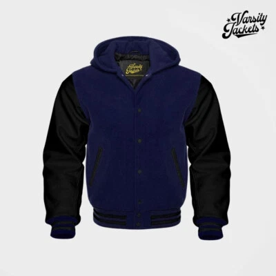 Navy Blue body Black Sleeves Premium Varsity Jacket Letterman Baseball College - Image 1 of 4