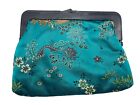 Vintage Blue Asian Silk Jewelry Pouch Bag Floral Makeup Change Womans Wallet