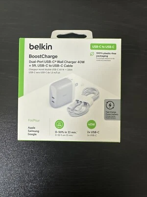 Belkin Boostcharge Dual-Port USB-C Wall Charger 40W + 5ft USB C To USB C Cable B - Image 1 of 4