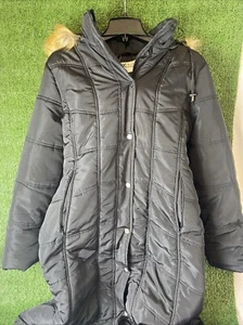 Excelled - Women's Medium Long Puffer Jacket, Faux Fur Hooded Winter Coat, Black - Picture 1 of 9