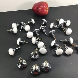 Round White Porcelain w/Chrome Base Cabinet Drawer Knobs Pulls +Screws 30 Vtg - Picture 1 of 14