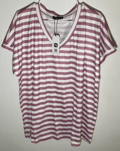 NWT NoraCora Womens Pink White Striped V-Neck Shirt 3X XXXL Short Sleeve Plus - Picture 1 of 3