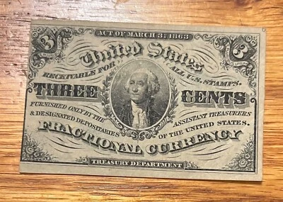 3rd  issue 3c  Fr-1226  Washington , Light background, Fractional Currency , AU - Image 1 of 2