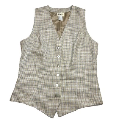 Mix It Plaid Linen Blend Vest Jrs 11/12 Button Front Beige Cream Blue Vintage - Image 1 of 4