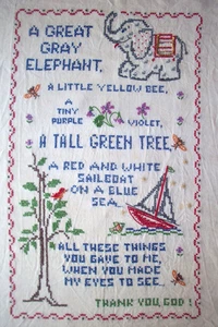 Great Gray Elephant vintage cross stitch on linen completed hand done - Picture 1 of 6