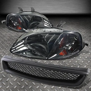 FOR CIVIC EJ/EK/EM BLACK FRONT GRILL+SMOKE HEAD LAMPS LIGHTS AMBER REFLECTOR - Picture 1 of 1