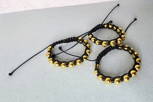 Handcrafted Black Macrame Bracelets with Gold-Tone Beads – Set of 3 Adjustable - Picture 1 of 10