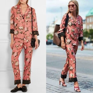 FRS For Restless Sleepers Seide PJ Gr. M Pyjama 2-tlg Blumen Set Knopf Hemd Hose - Bild 1 von 16