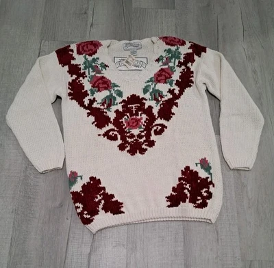 Suéter Tejido Abuela De Colección Para Mujer Pequeño Blanco Floral Rosa Años 90 Y2K Pepitas Foto 1 de 4