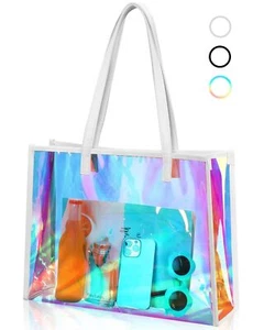 Holographic Clear Tote Bag with Leather Handle Iridescent Bachelorette Beach ... - Picture 1 of 7