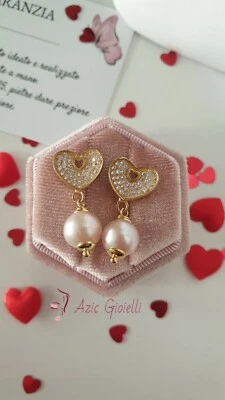 Orecchini a cuore con zirconi in arg. 925 placcato oro giallo 21 k con perle  - Immagine 1 di 4