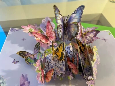 Pop up 3D Day card - gorgeous butterflies trimmed with gold on hydrangea card - Image 1 of 2