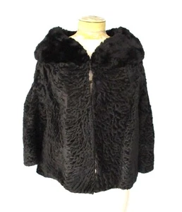 Vtg 50s Rockabilly Black Curly Lamb Cropped Swing Jacket Mink Collar Pockets S/M - Picture 1 of 8