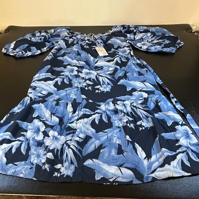 Tommy Bahama Daybreak Hibiscus Floral Dress Off Shoulder Blue Womens Large NWT - Image 1 of 4
