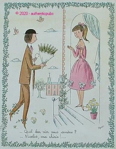 REKLAME NICOLAS LES AMOUREUX FLASCHENSTRAUSS SIGNIERT PEYNET VON 1958 AD PUB - Bild 1 von 2