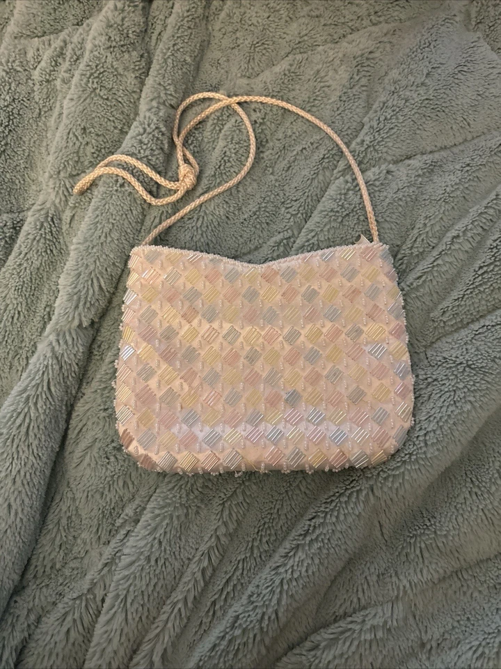 Bolso de Noche MAGID Vintage Perla Blanco/Rosa/Azul Lentejuelas Cuentas Cierre con Cremallera Foto 1 de 4
