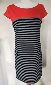 Jessica Howard Jersey Cap Sleeve Shift Dress Black Gray Stripes Red Top Wms 6 - Picture 1 of 10
