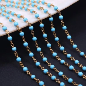 1,3,5 Feet Roll Bulk Silver Plated Smooth Turquoise Round Bead Rosary Chain 3mm - Picture 1 of 6