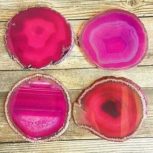 Set of 4 Pink Agate Slices Coaster Set: 3.9 - 4.3" Long Quartz Crystal Display