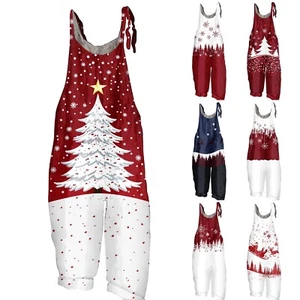 Women's Loose Vintage Shoulder Strap Print Casual Jumpsuit Christmas - Picture 1 of 33