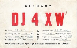 QSL Card CB HAM Radio PostCard 1962 Germany DJ4XW OP: Carlheinz Heppe DOL: P11 - Picture 1 of 2