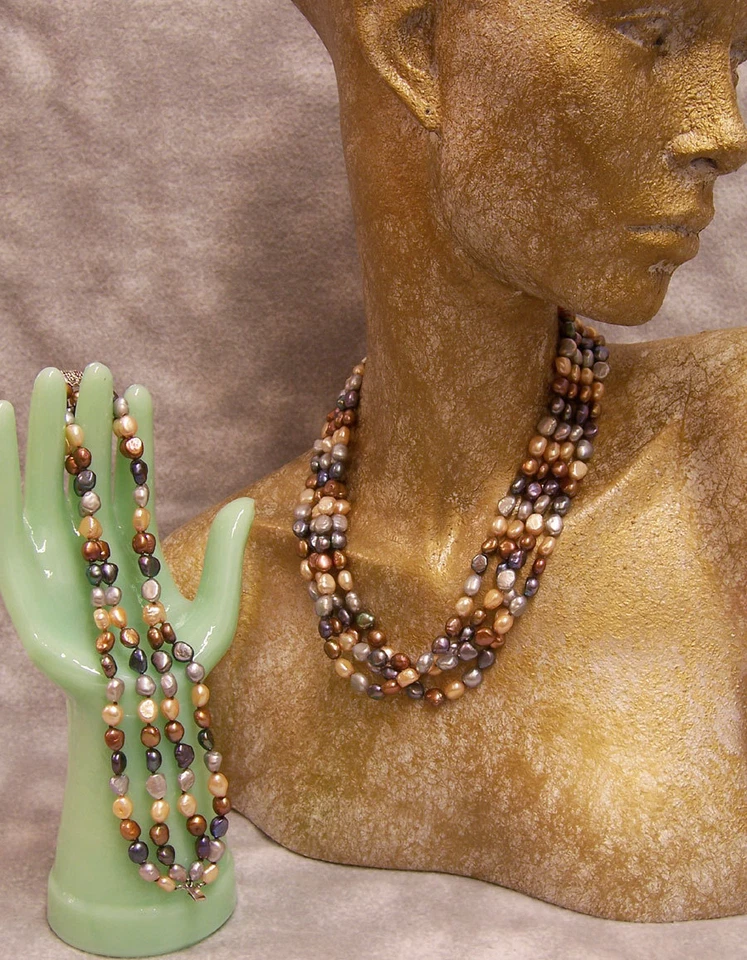 Set Necklace Bracelet Fresh Water Pearls Earth Tones Copper Bronze Gray Blue - Image 1 of 3