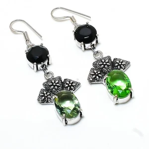 Tsavorite, Spinel Gemstone Handmade 925 Sterling Silver Jewelry Earring 2.36" - Picture 1 of 5
