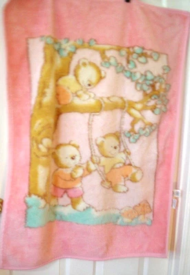 Vintage Northpoint Kids Blanket Pink Mom Dad Baby Bear Swinging Aqua Hearts - Image 1 of 4